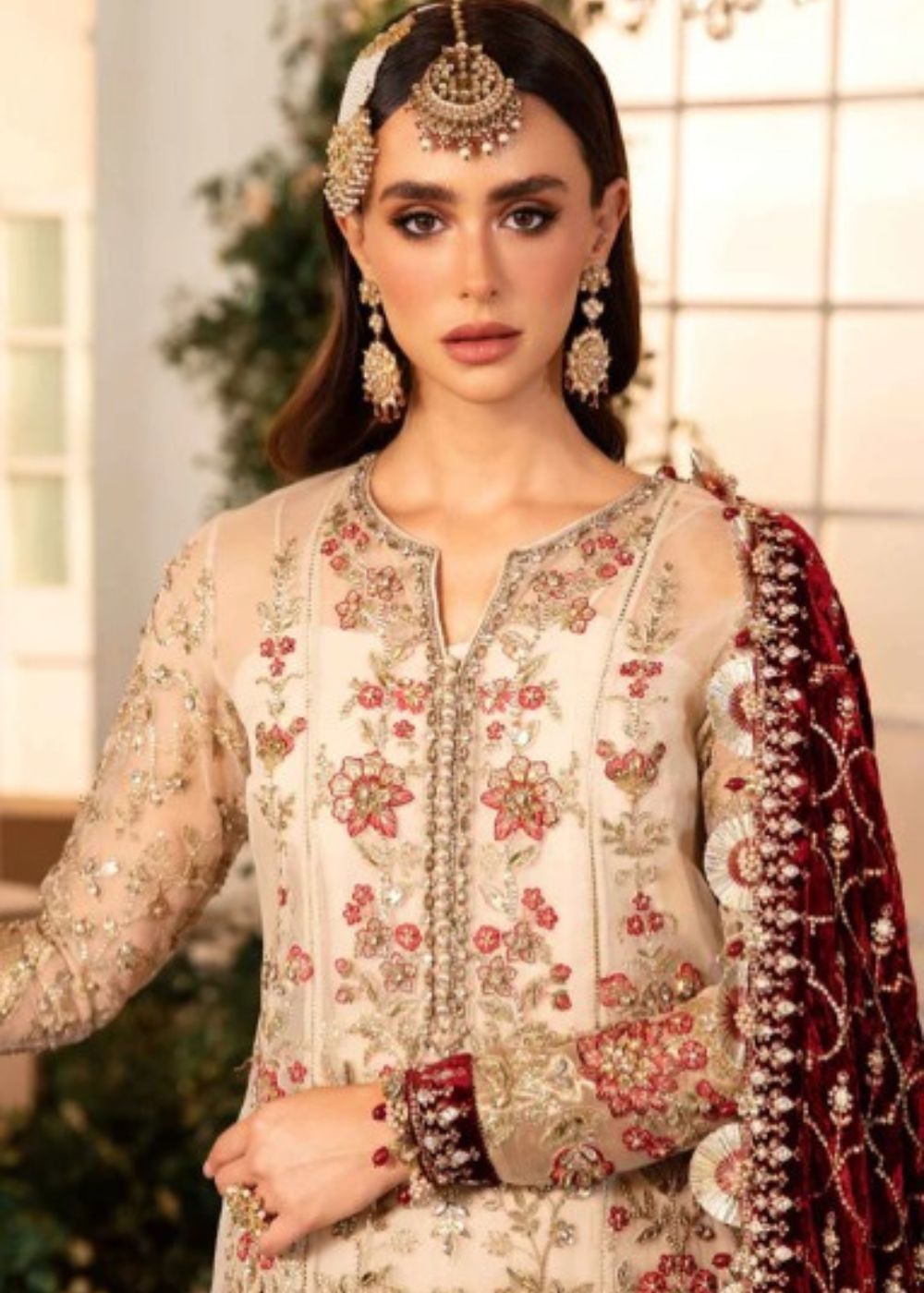 Maria.B inspired ivory embroidered shirt with maroon dupatta