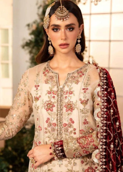 Maria.B inspired ivory embroidered shirt with maroon dupatta