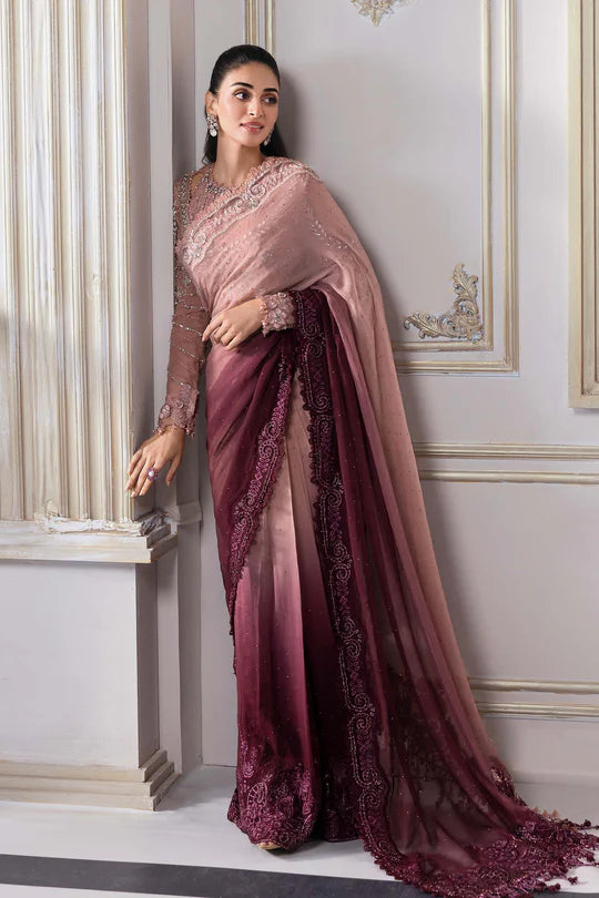 Dusty rose and maroon embroidered Pakistani saree
