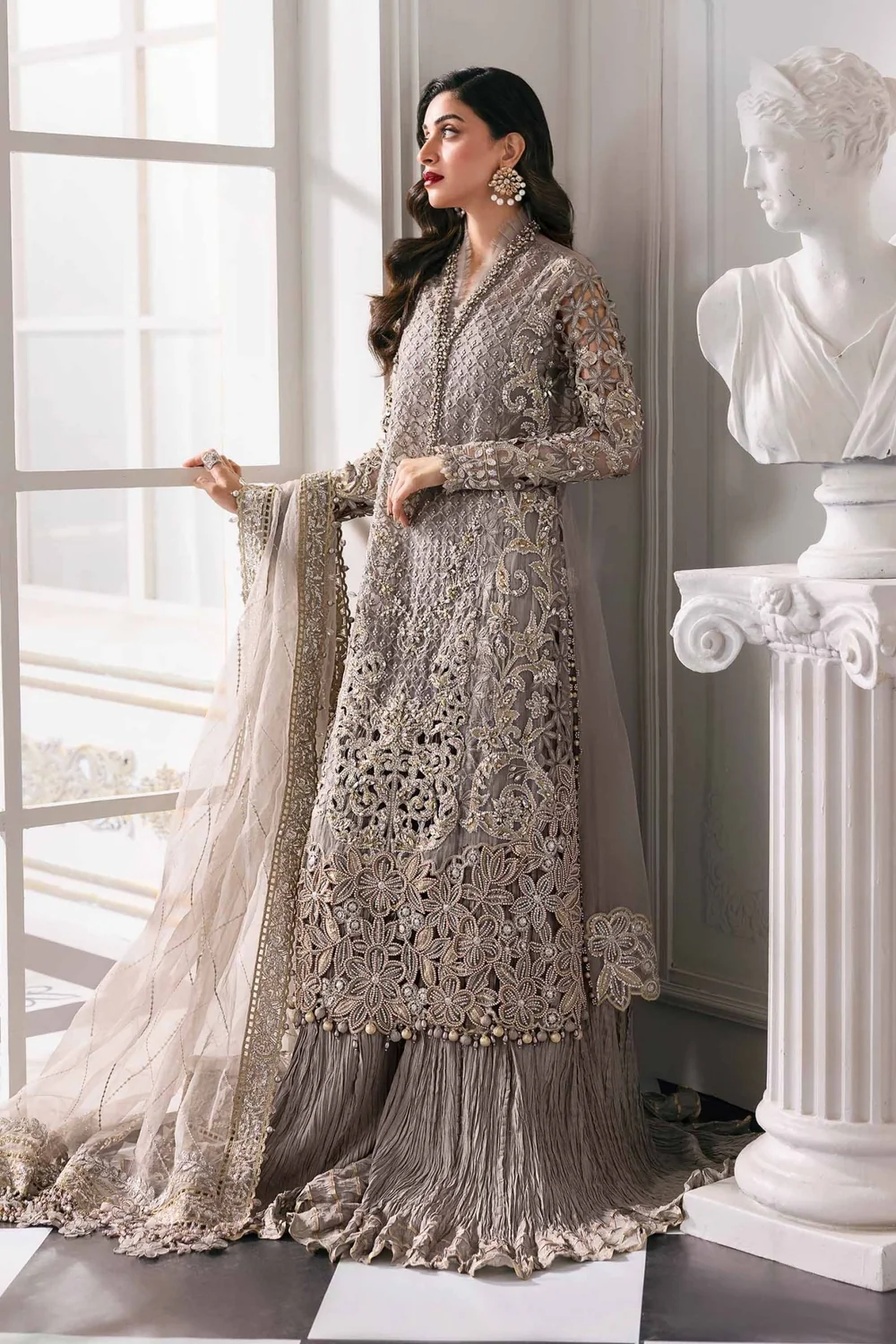 Taupe grey embroidered Pakistani formal suit