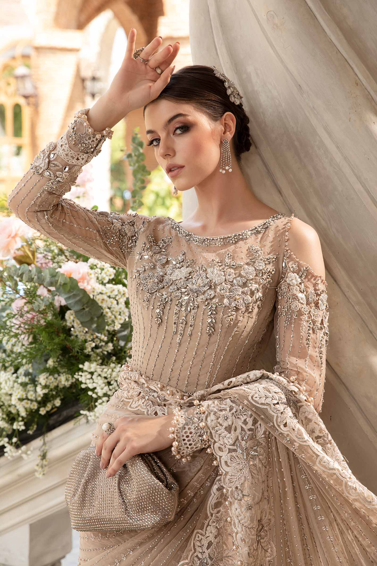 Maria.B inspired beige saree with embellished blouse