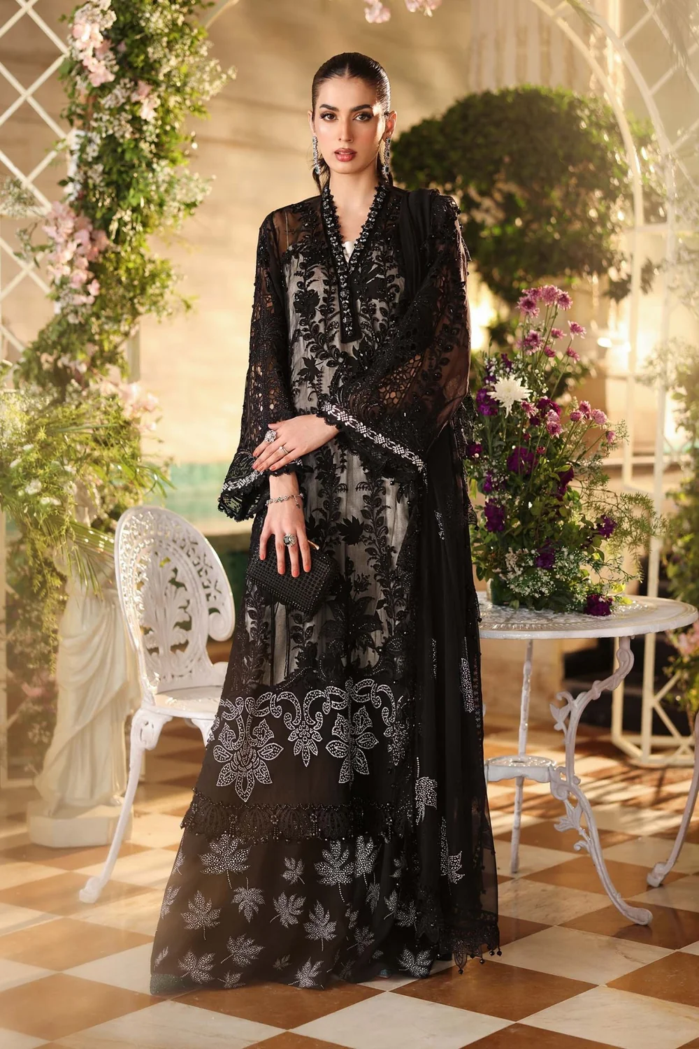 Black embroidered chiffon formal dress