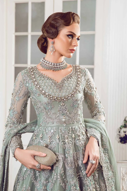 Sage green Pakistani gown with 3D floral embroidery