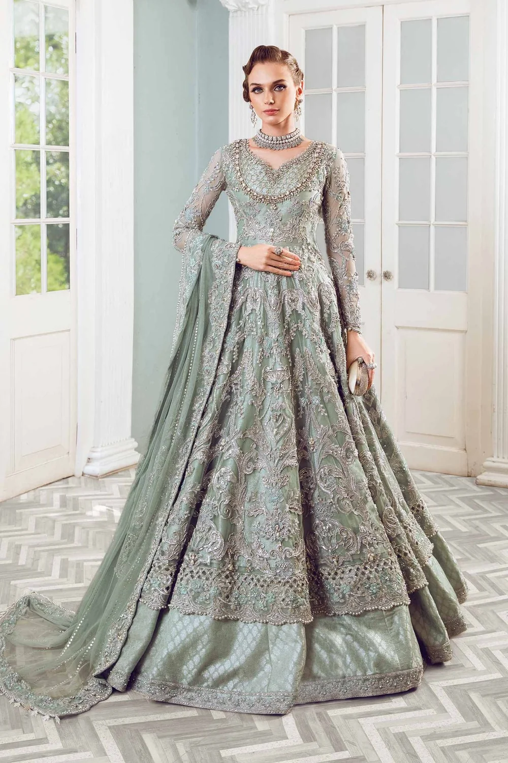 Maria.B Couture Chantrea sage green embroidered gown