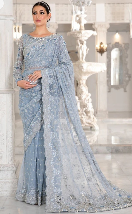 Maria.B Couture MC-049 ice blue embroidered saree