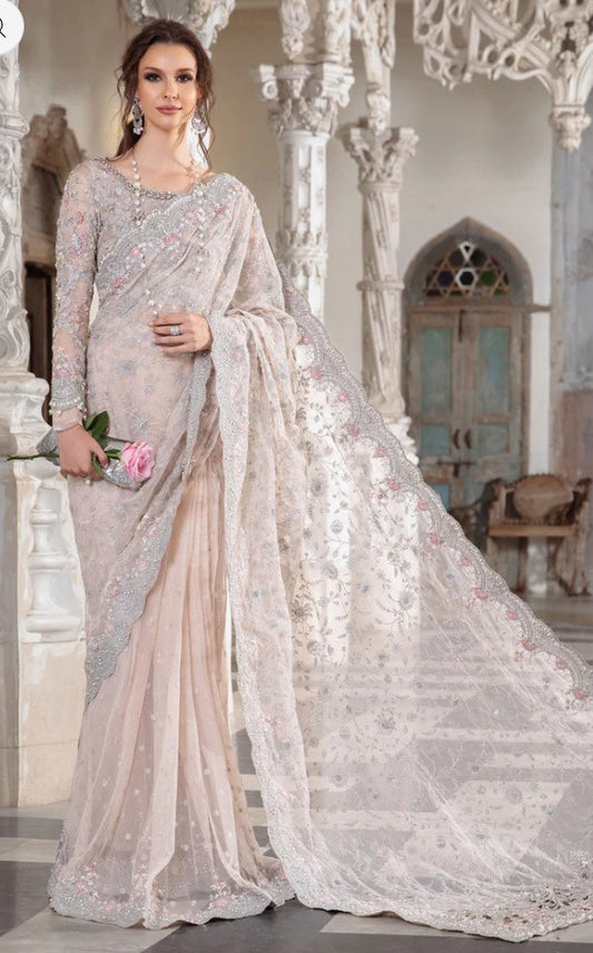 Maria.B Couture pale pink embroidered saree