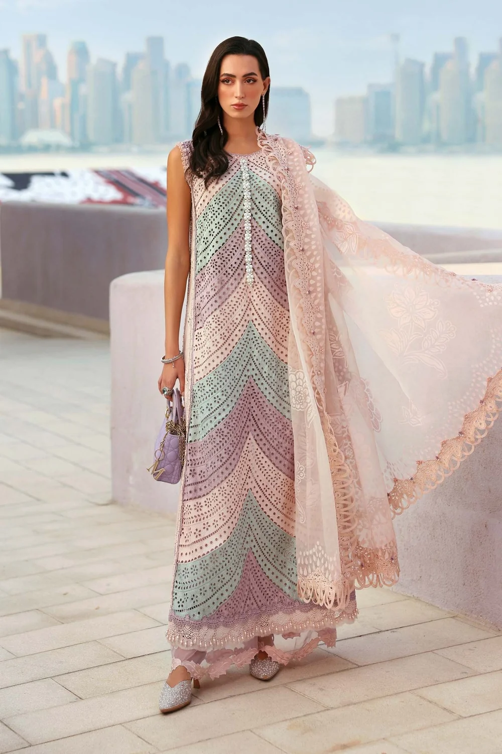 Pastel pink Pakistani formal dress with dupatta