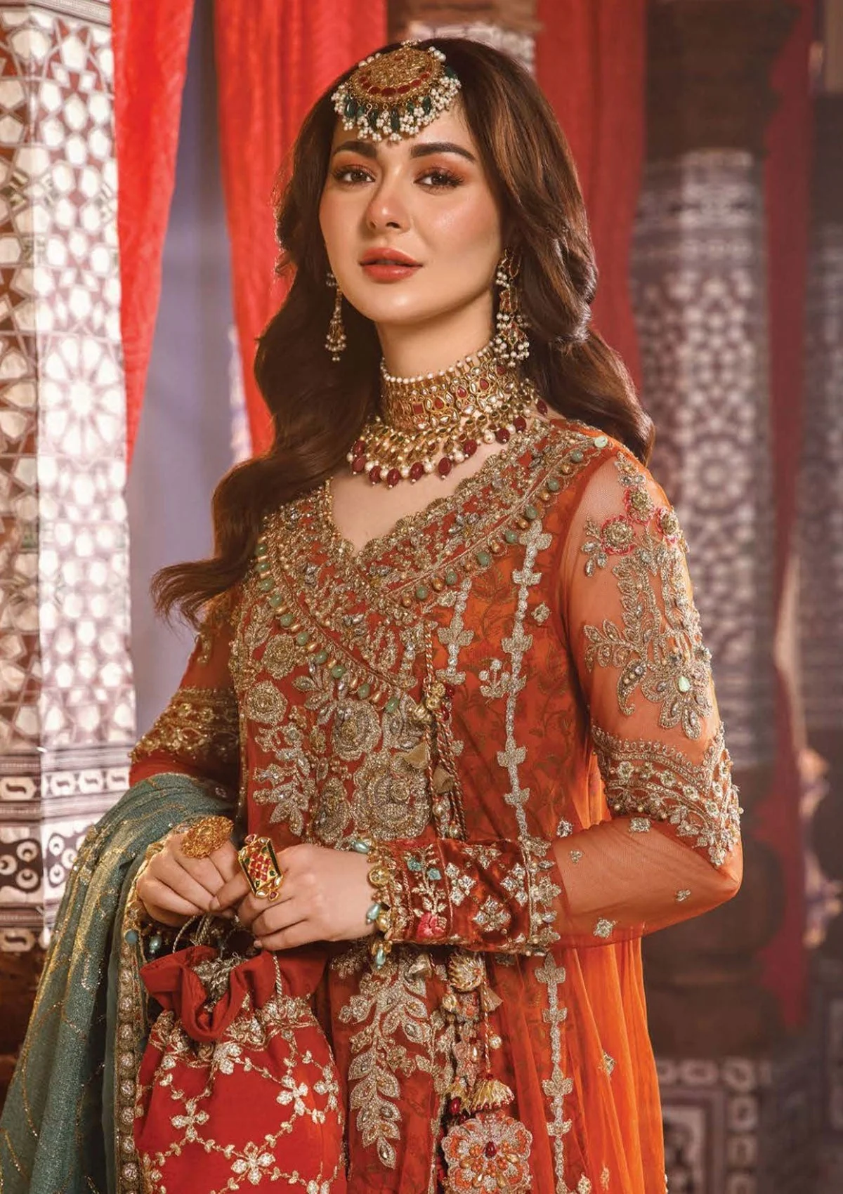 Maria B D6 burnt orange red embroidered bridal dress