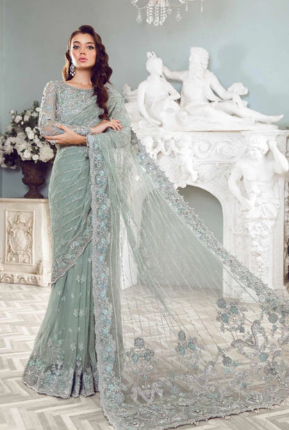 Maria.B Helene sage green embroidered saree