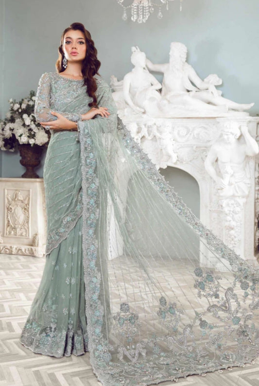 Maria.B Helene sage green embroidered saree