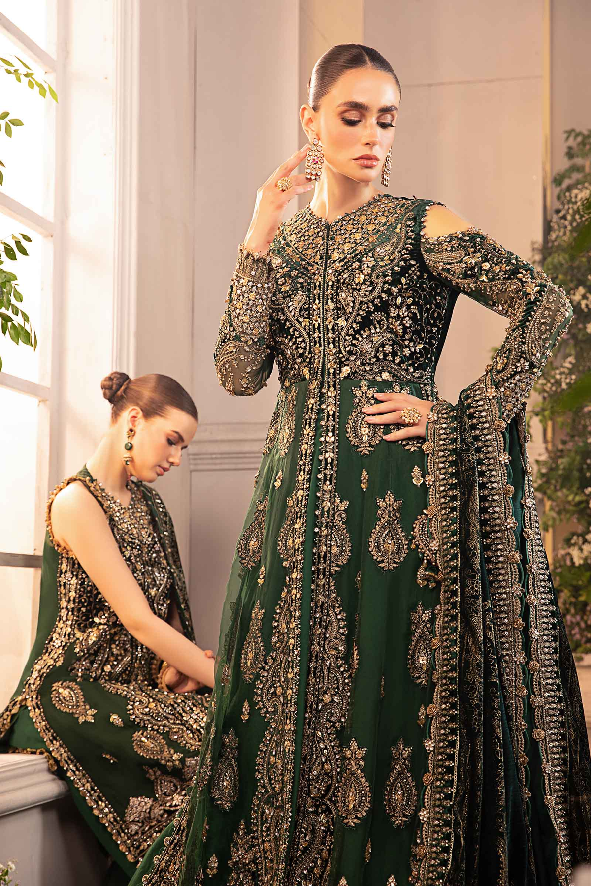 Emerald green velvet shirt with gold hand embellishments