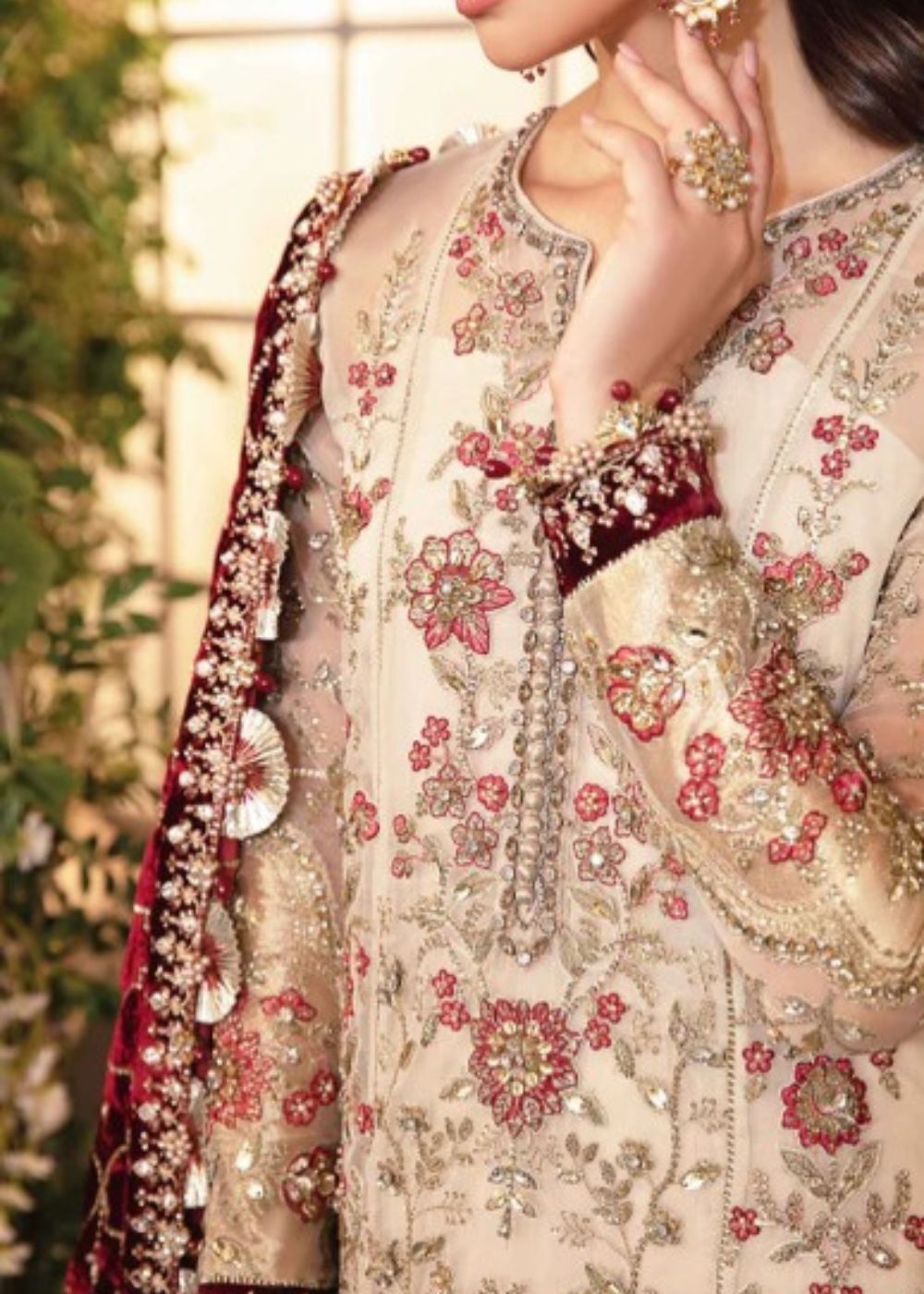 Ivory Pakistani embroidered suit with maroon velvet dupatta