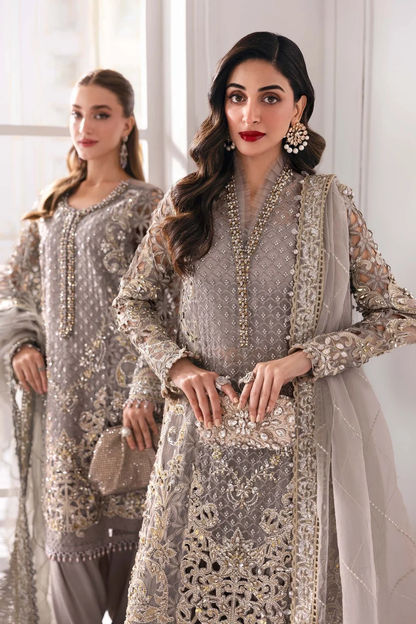 Grey ivory Pakistani suit with embroidered net dupatta