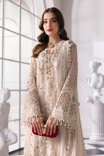 Ivory beige Pakistani suit with embroidered net dupatta