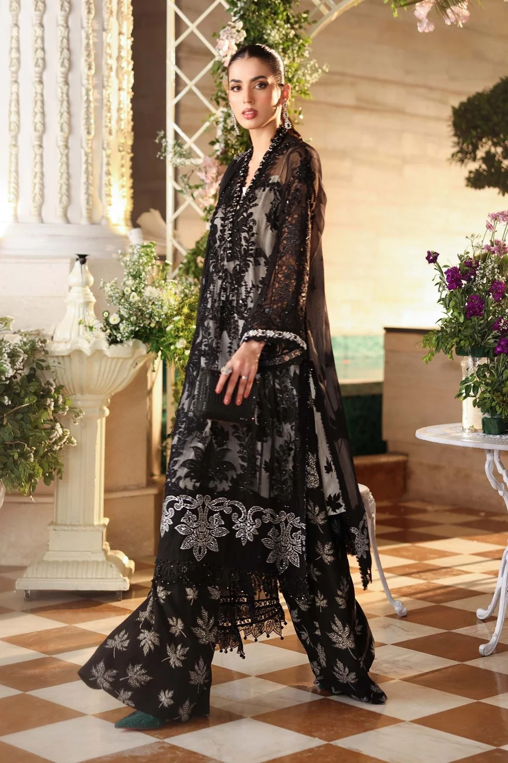 Luxury black embroidered chiffon suit