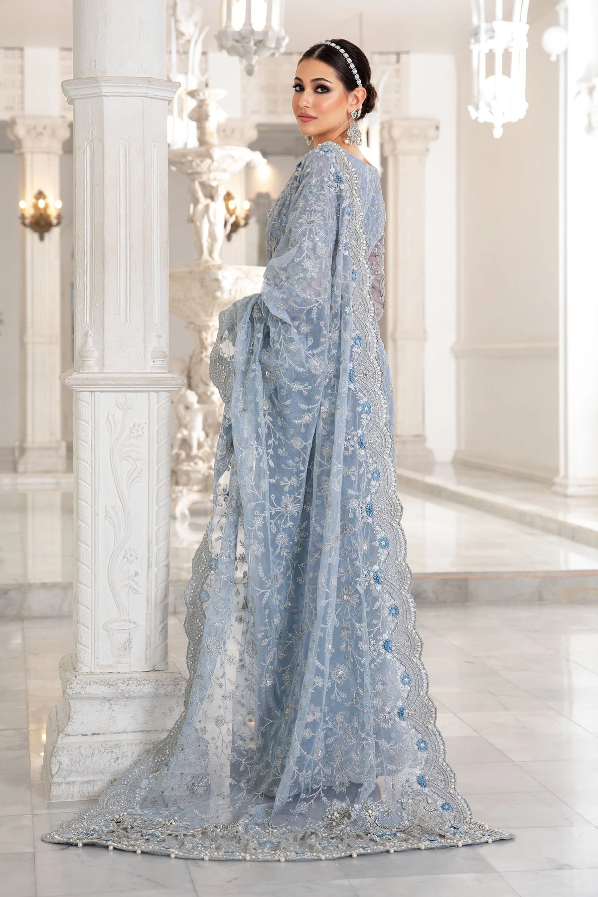 Ice blue Pakistani saree with embroidered blouse