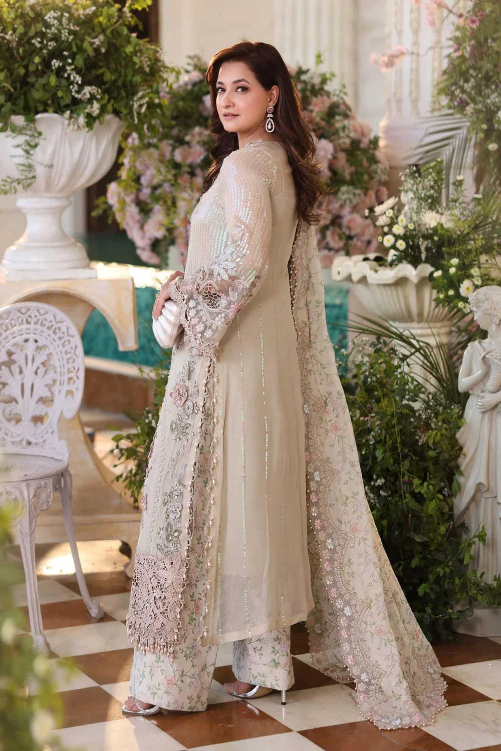 Luxury ivory beige embroidered chiffon suit