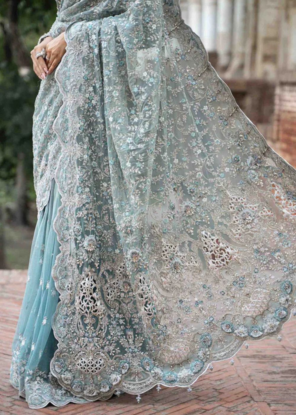 Ice blue saree with floral embroidery and sequin detailing