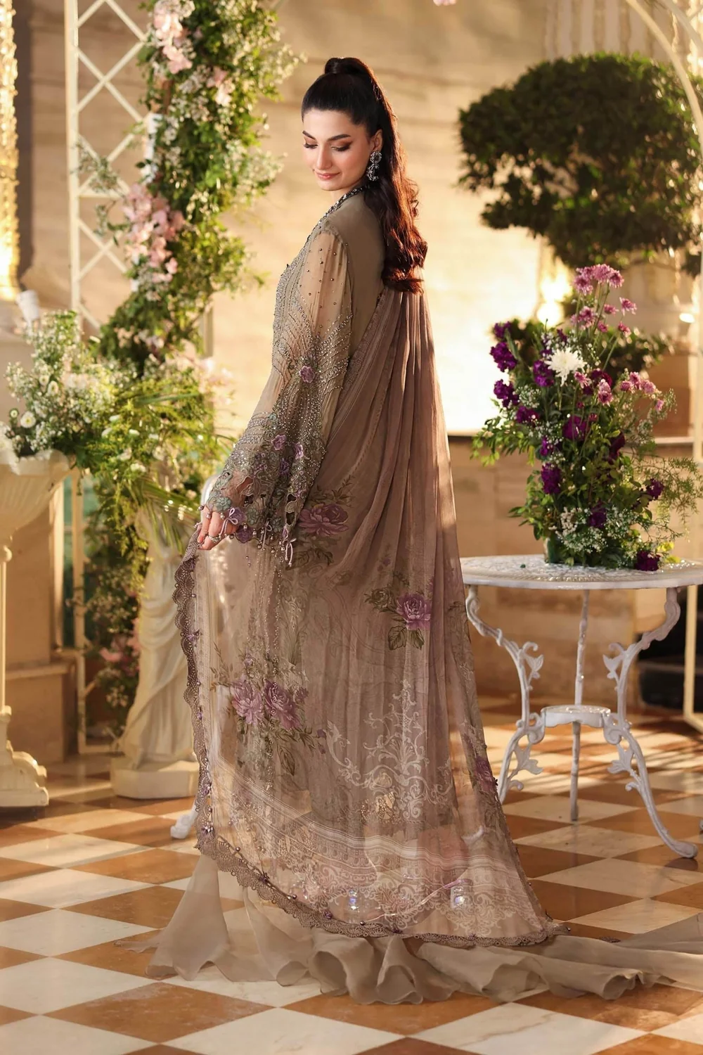 Luxury embroidered chiffon suit in muted mocha brown