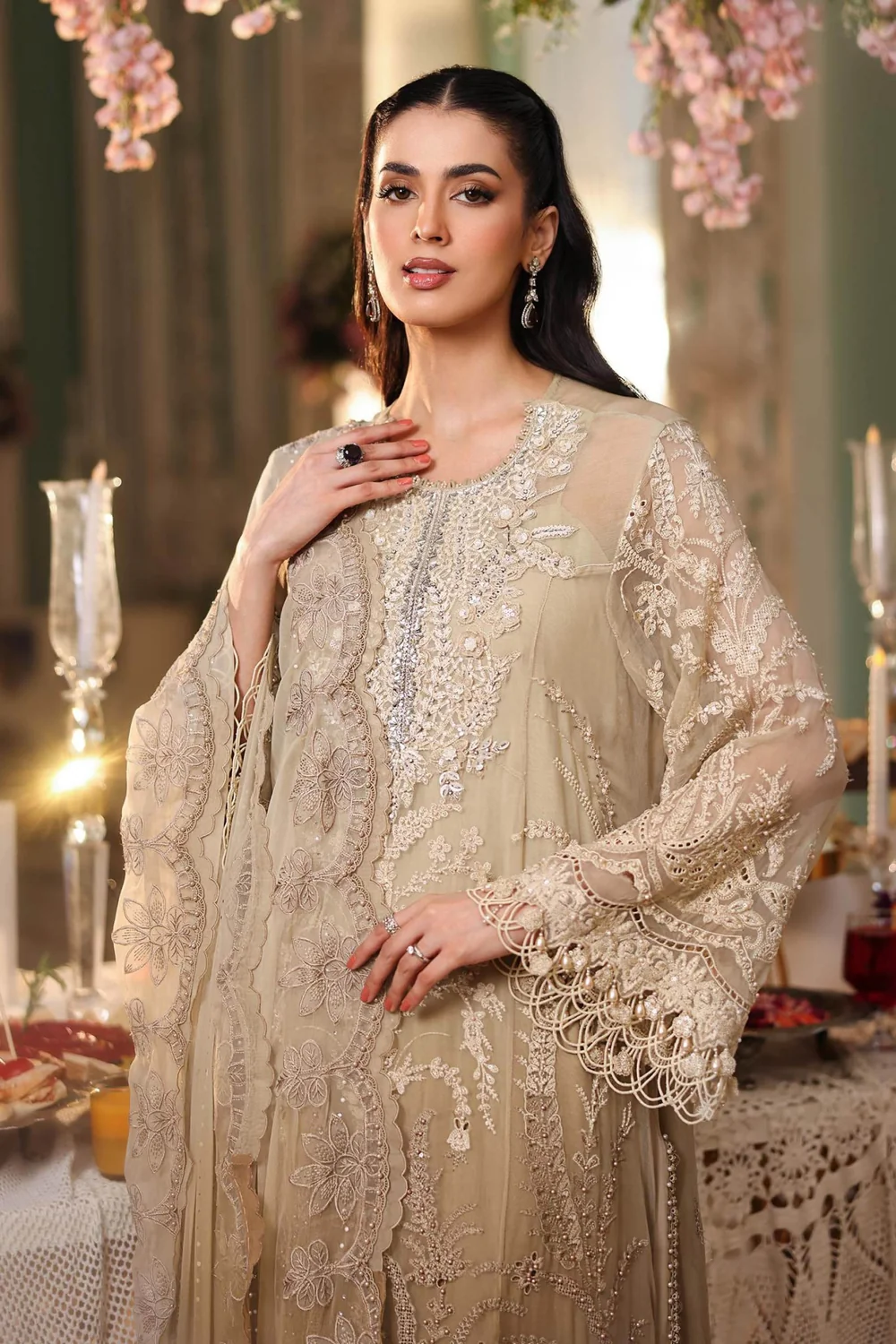Luxury olive gold embroidered chiffon suit