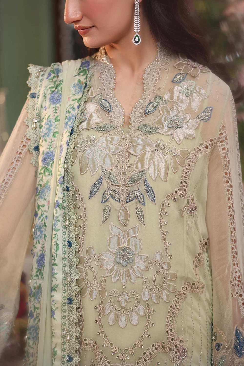 Luxury pistachio green embroidered chiffon suit