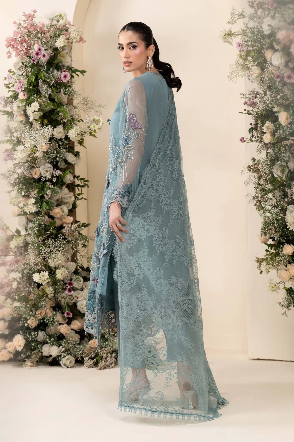 Luxury slate blue embroidered chiffon suit