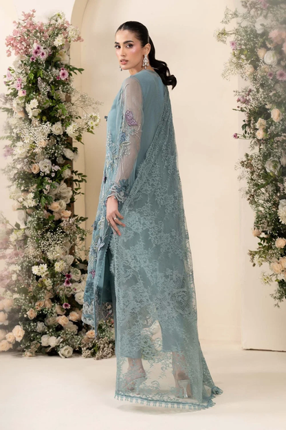 Luxury slate blue embroidered chiffon suit