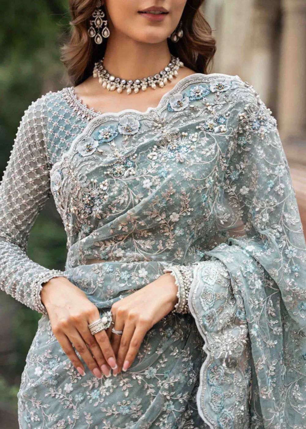 Pastel ice blue Pakistani embroidered saree