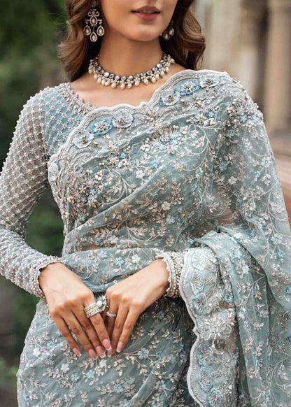 Pastel ice blue Pakistani embroidered saree