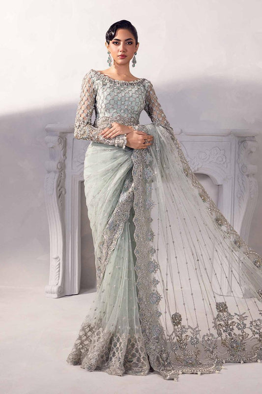 Maria.B Mariella sage green and silver embroidered saree