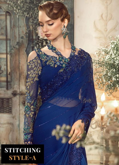 Royal blue Pakistani saree with floral embroidery