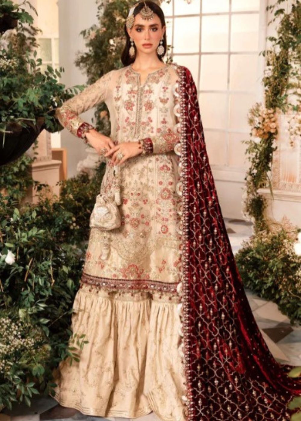 Maria.B Mbroidered BD-2905 ivory maroon embroidered suit