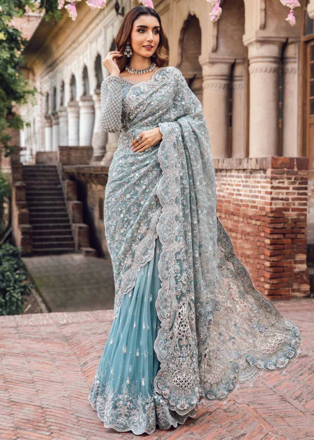 Maria.B Mbroidered MABEL ice blue embroidered saree