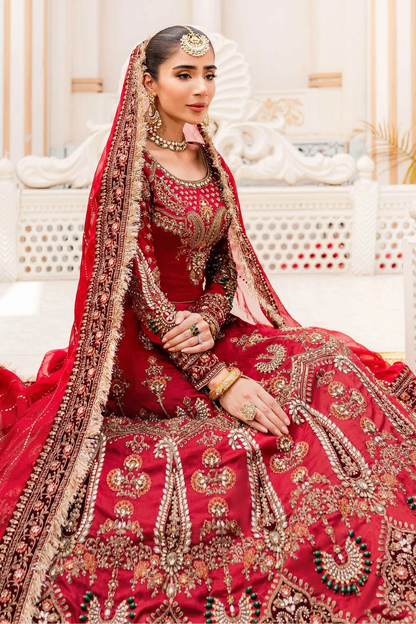 Red and gold embroidered Pakistani bridal lehenga