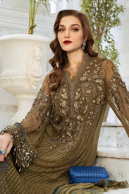 Olive green Pakistani chiffon suit with 3D embellishments