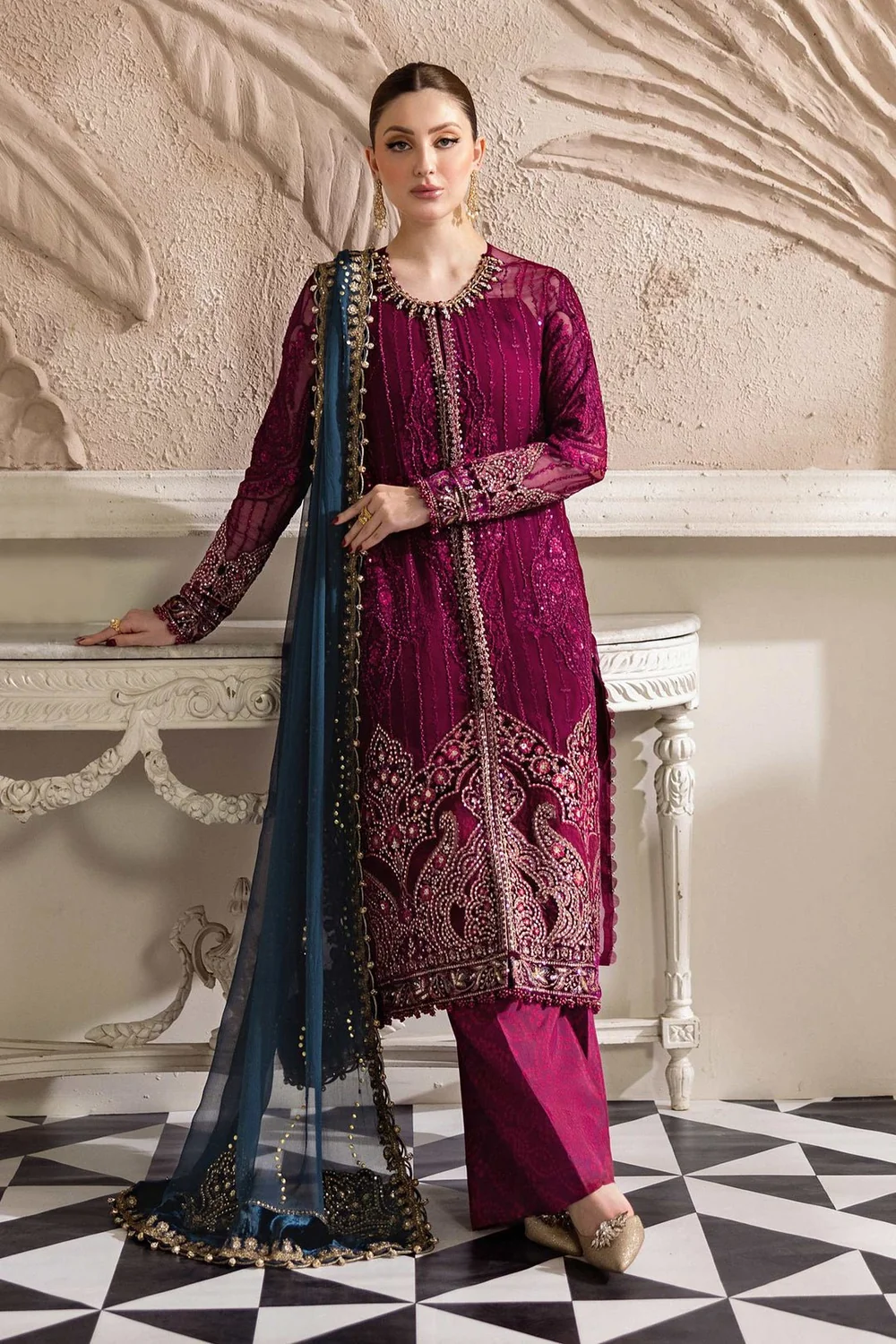 Magenta embroidered Pakistani chiffon dress