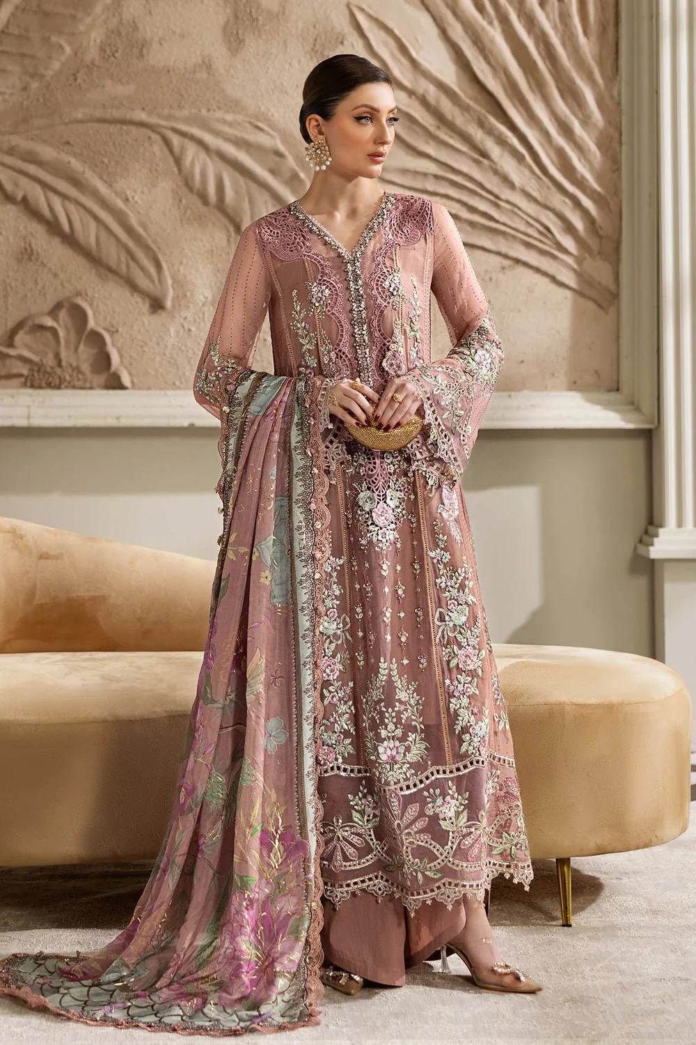 Tea pink embroidered Pakistani chiffon dress