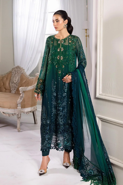 Emerald green embroidered Pakistani chiffon dress