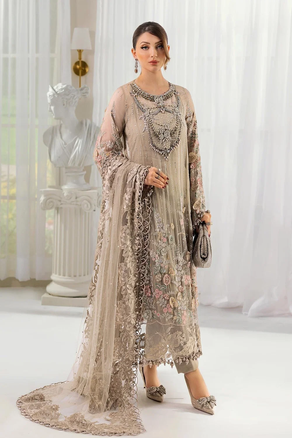 Beige embroidered Pakistani chiffon dress