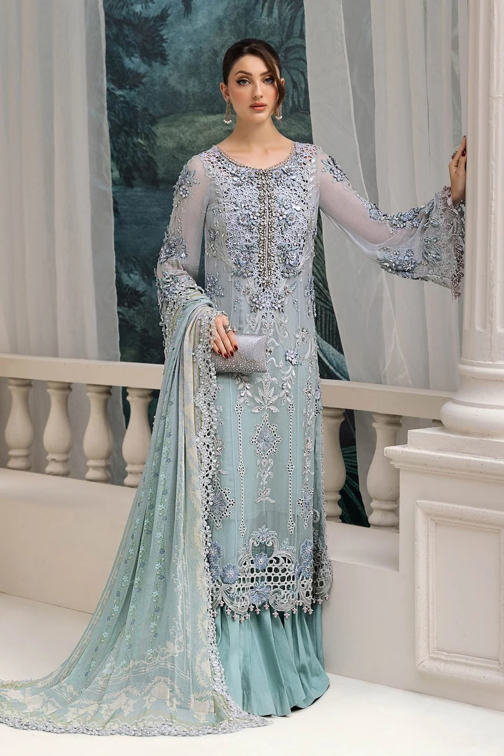 Aqua blue embroidered Pakistani chiffon dress