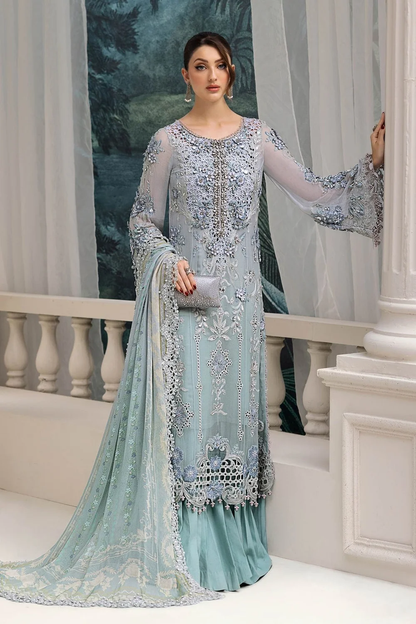 Aqua blue embroidered Pakistani chiffon dress