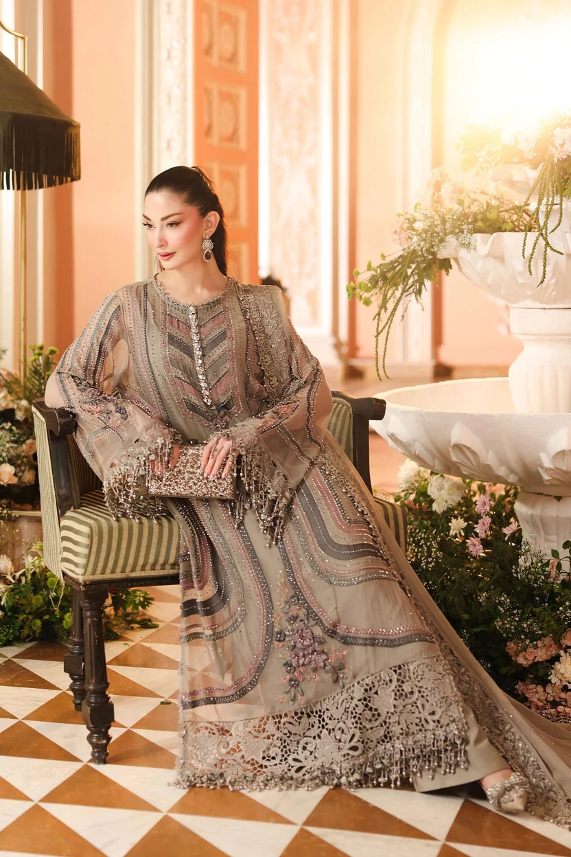 Taupe-grey kameez with linear embroidery and floral embellishments