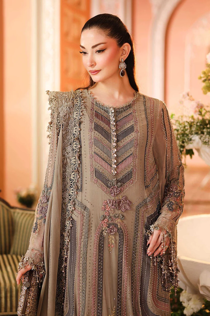Floral lace hem with dangling embellishments on taupe-grey kameez