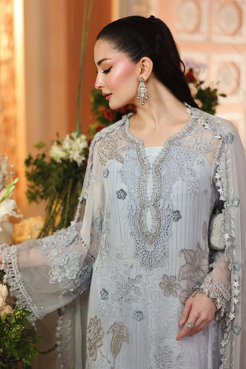 Matching chiffon dupatta with embroidered motifs and scalloped edging