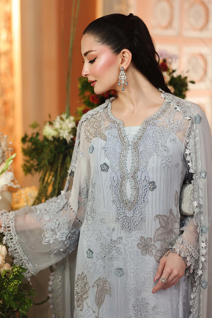 Matching chiffon dupatta with embroidered motifs and scalloped edging