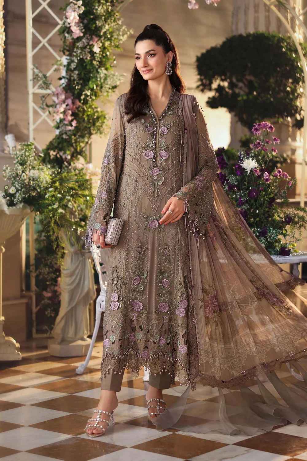 Muted mocha brown embroidered chiffon dress