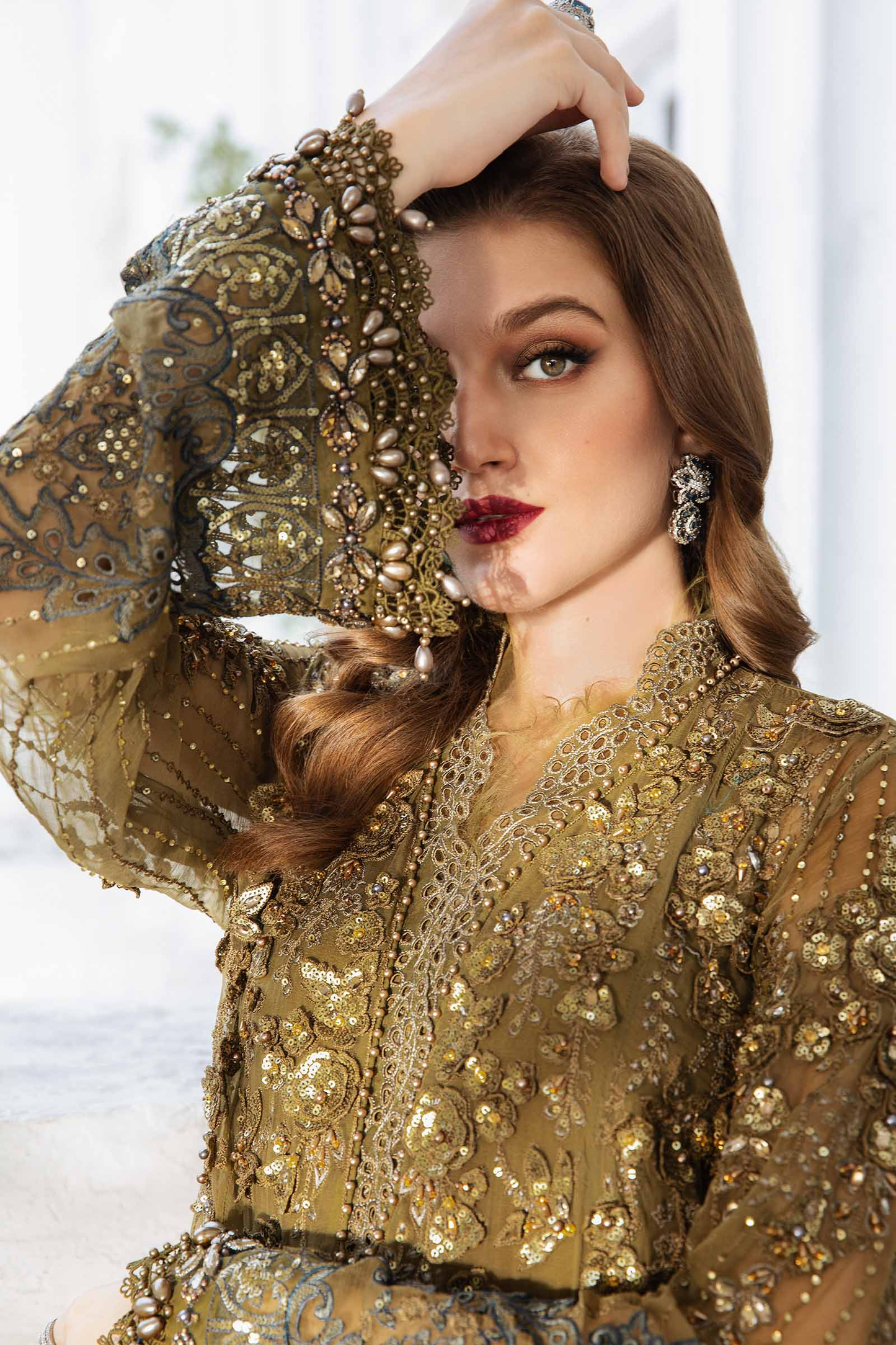 Maria.B inspired olive green embroidered shirt and dupatta