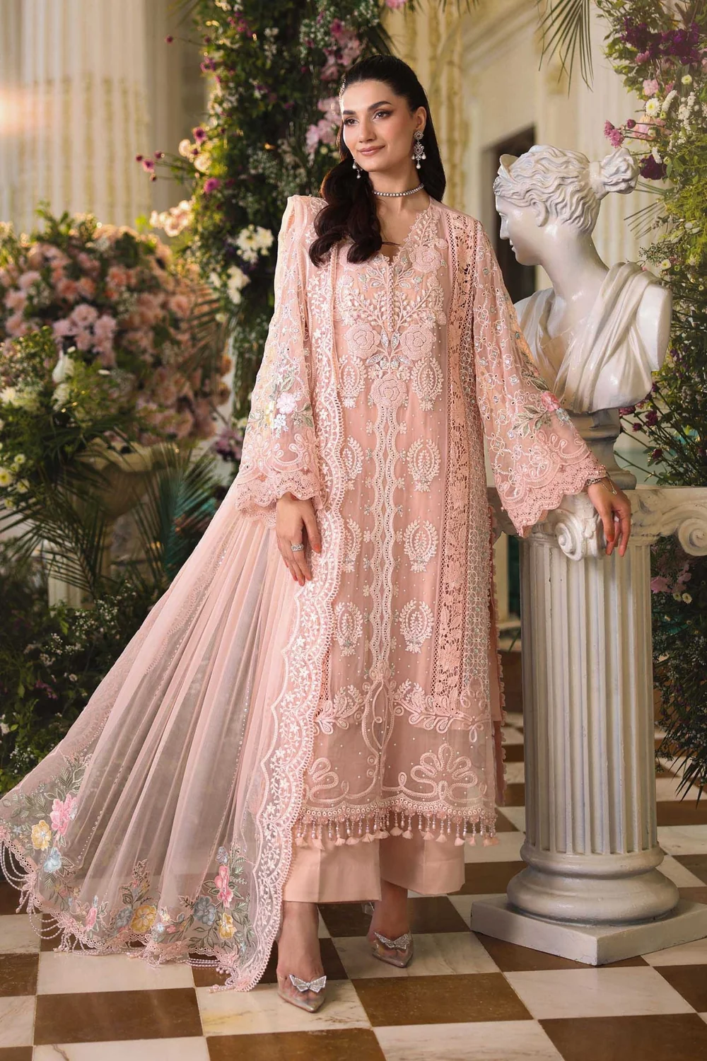 Peach pink embroidered chiffon formal dress