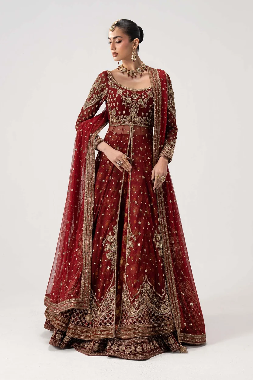 Maria.B Retro Shadmani Couture Bazif deep red bridal lehenga