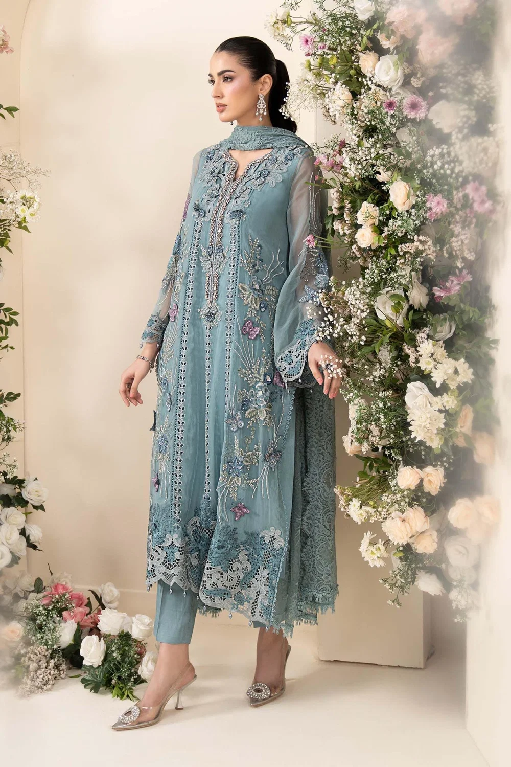 Slate blue embroidered chiffon formal dress